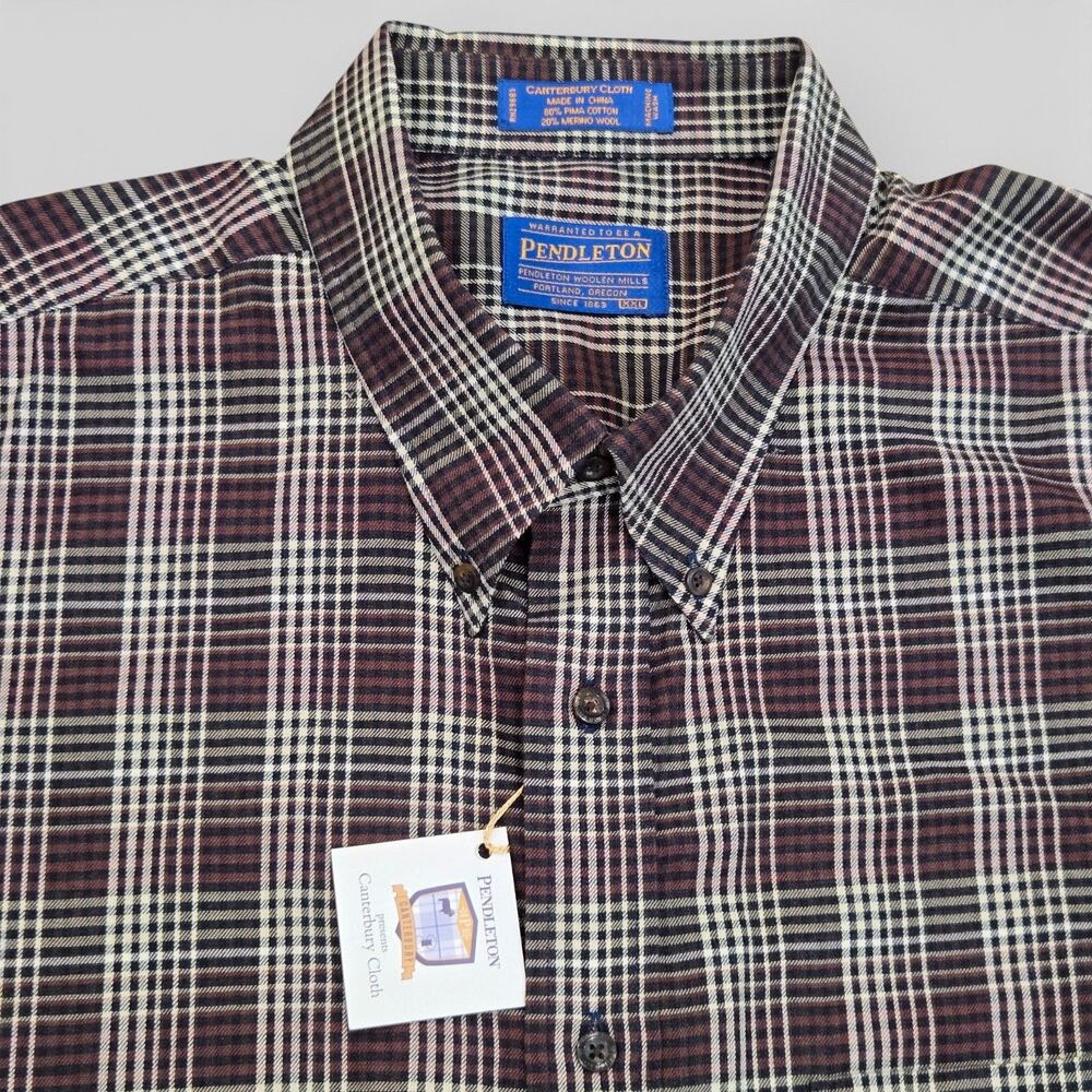 Pendleton Shirt Mens XXL‎ Canterbury Cloth Plaid Wool Blend Burgundy Button New